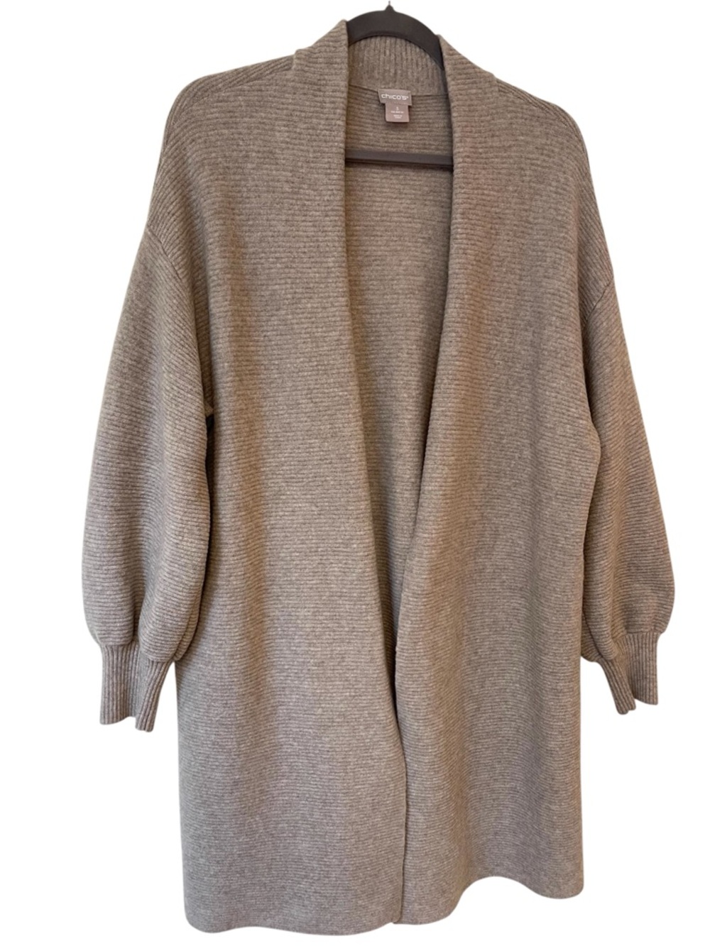 Chico’s 100% Cashmere Long Cardigan Size 3 Taupe Ribbed Open Front Minimalist XL